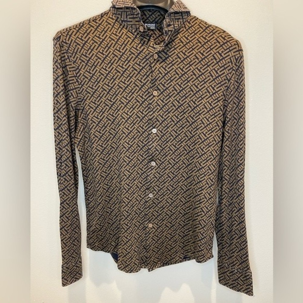 Murano Liquid Luxury Slim Fit Geometric Button Up Navy Blue Brown size M - Picture 13 of 13